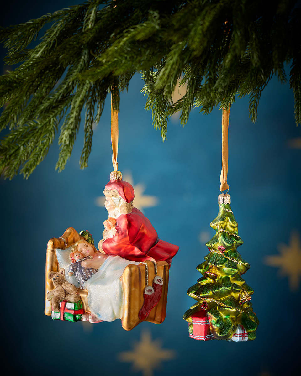 Santa by the Bed and Tree Christmas Ornaments, Set of 2